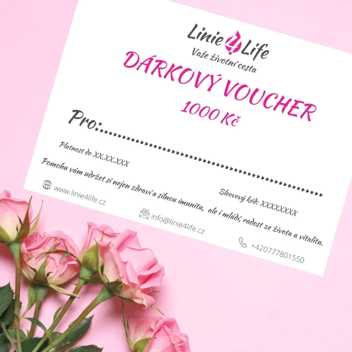 Buono regalo Line4Life da 1000 CZK, validità illimitata. Regalo ideale per la salute e la vitalità, con sfondo rosa e rose.
