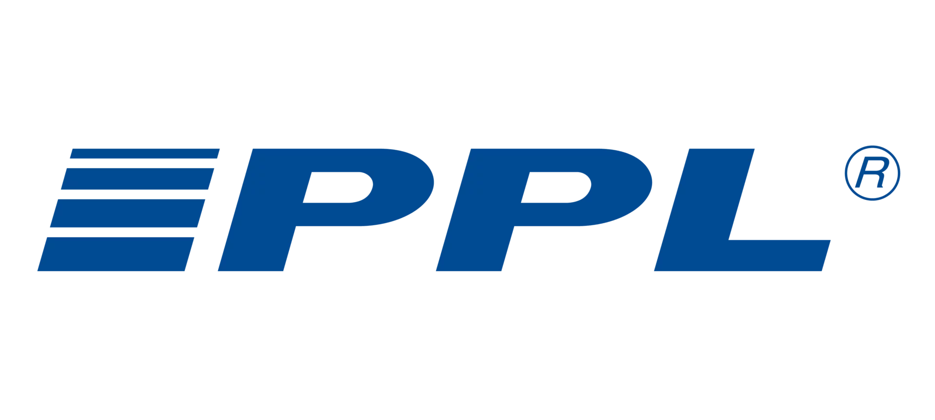 Logo PPL se třemi modrými proužky a modrým textem na bílém pozadí, symbolizující rychlou přepravu.