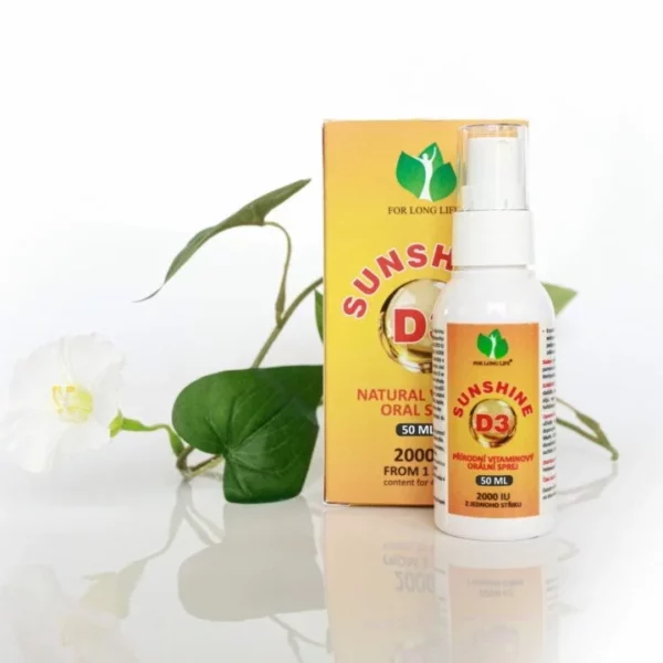 Sunshine D3-Vitaminspray mit einer Pflanze im Hintergrund, das eine natürliche Vitamin-D-Quelle für einen gesunden Lebensstil bietet.