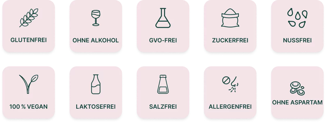 Symbole zur Kennzeichnung von Lebensmitteln: glutenfrei, alkoholfrei, gentechnikfrei, zuckerfrei, nussfrei, vegan, laktosefrei, salzfrei, allergenfrei und aspartamfrei.