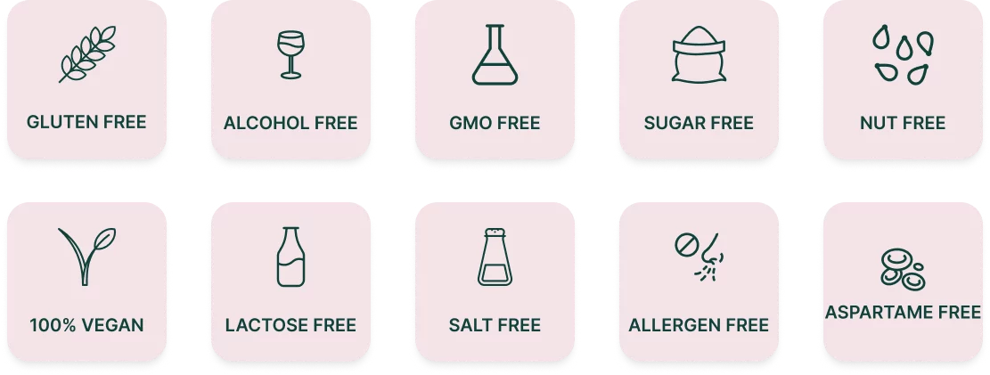 Icons indicating foods: gluten-free, alcohol-free, GMO-free, sugar-free, nut-free, vegan, lactose-free, salt-free, allergen-free and aspartame-free.