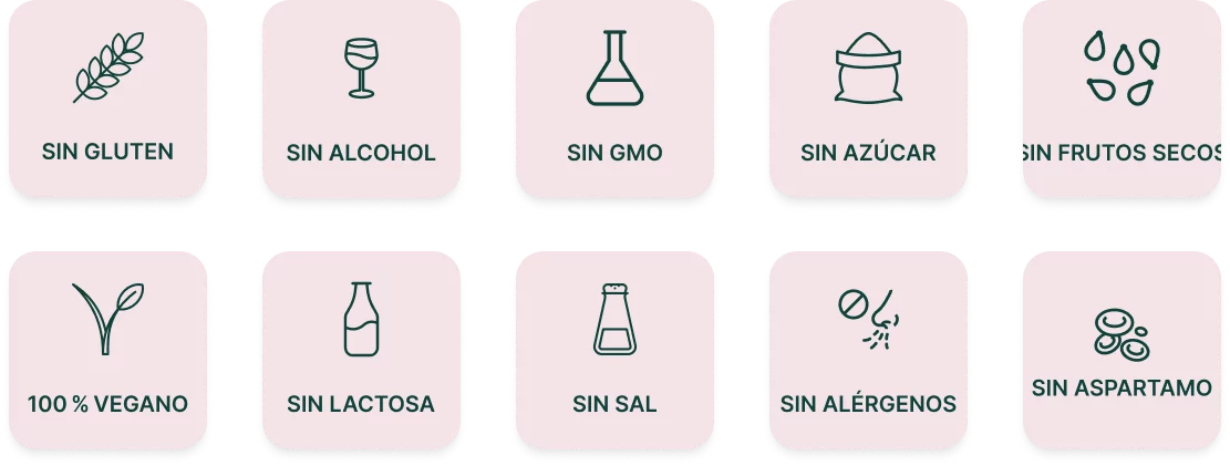 Iconos que indican alimentos: sin gluten, sin alcohol, sin OGM, sin azúcar, sin frutos secos, vegano, sin lactosa, sin sal, sin alérgenos y sin aspartamo.