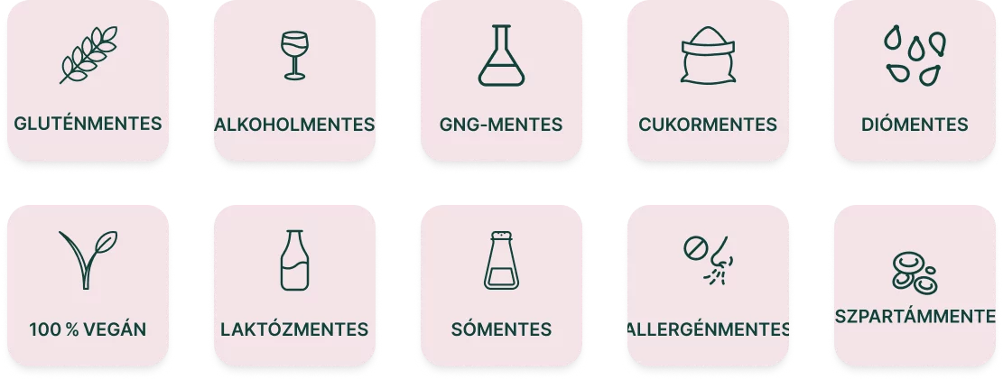 Az élelmiszereket jelző ikonok: gluténmentes, alkoholmentes, GMO-mentes, cukormentes, diómentes, vegán, laktózmentes, sómentes, allergénmentes és aszpartámmentes.