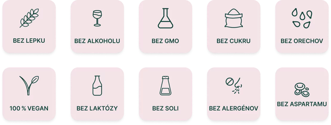 Ikony označujúce potraviny: bezlepkové, bez alkoholu, GMO, cukru, orechov, vegánske, bez laktózy, soli, alergénov a aspartámu.