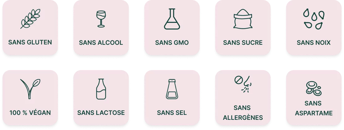 Icônes indiquant les aliments : sans gluten, sans alcool, sans OGM, sans sucre, sans noix, végétalien, sans lactose, sans sel, sans allergène et sans aspartame.
