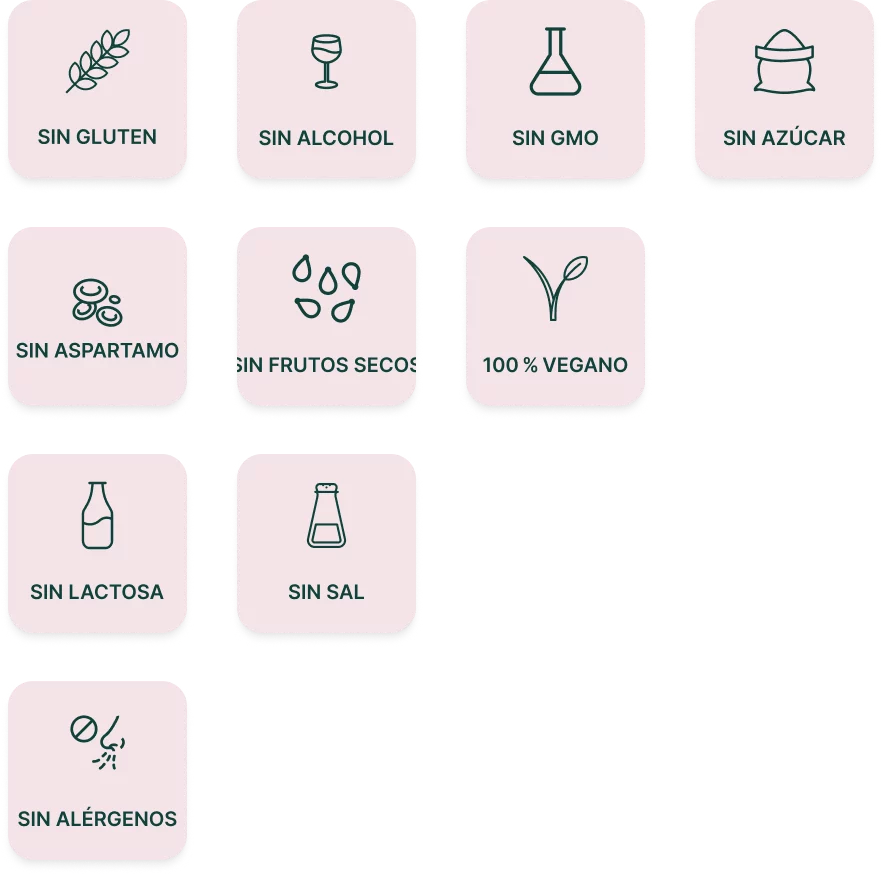 El producto está libre de gluten, alcohol, OGM, azúcar, aspartamo, frutos secos, lactosa, sal, alérgenos y es vegano 100%.