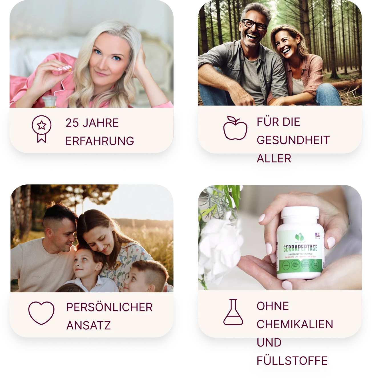 Eine Collage zur Förderung der Gesundheit: 25 Jahre Erfahrung, für die Gesundheit aller, ein persönlicher Ansatz, ohne Chemikalien oder Füllstoffe.