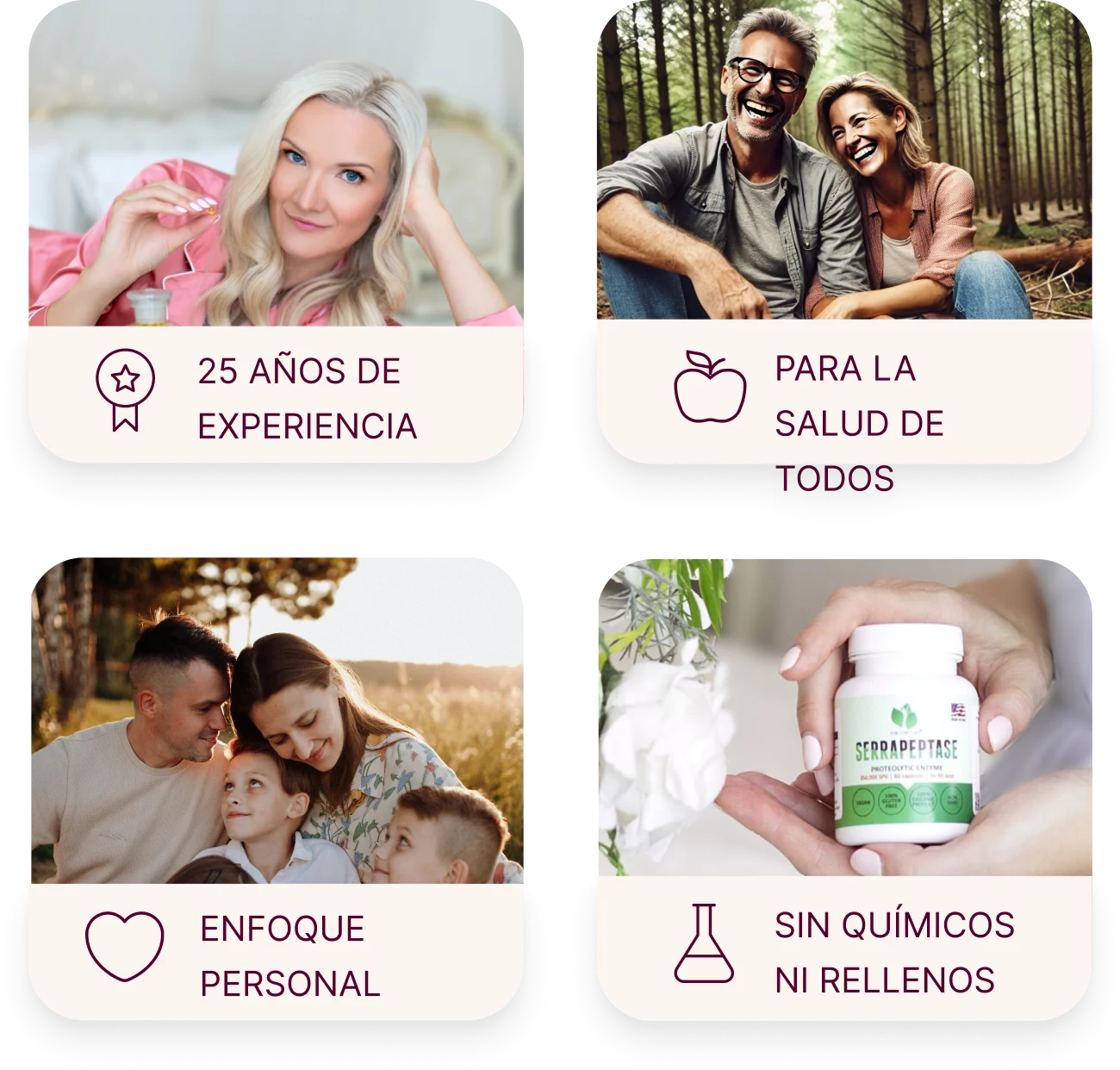 Un collage que promueve la salud: 25 años de experiencia, para la salud de todos, un trato personalizado, sin químicos ni rellenos.