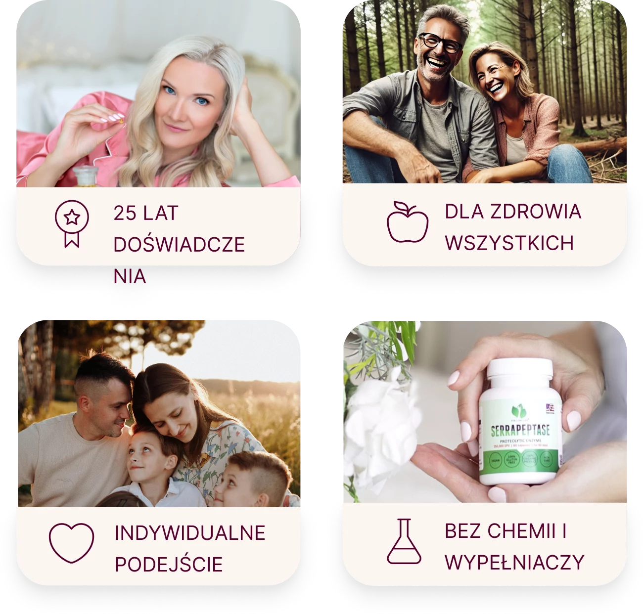 Kolaż promujący zdrowie: 25 lat doświadczenia, dla zdrowia każdego, indywidualne podejście, bez chemikaliów i wypełniaczy.