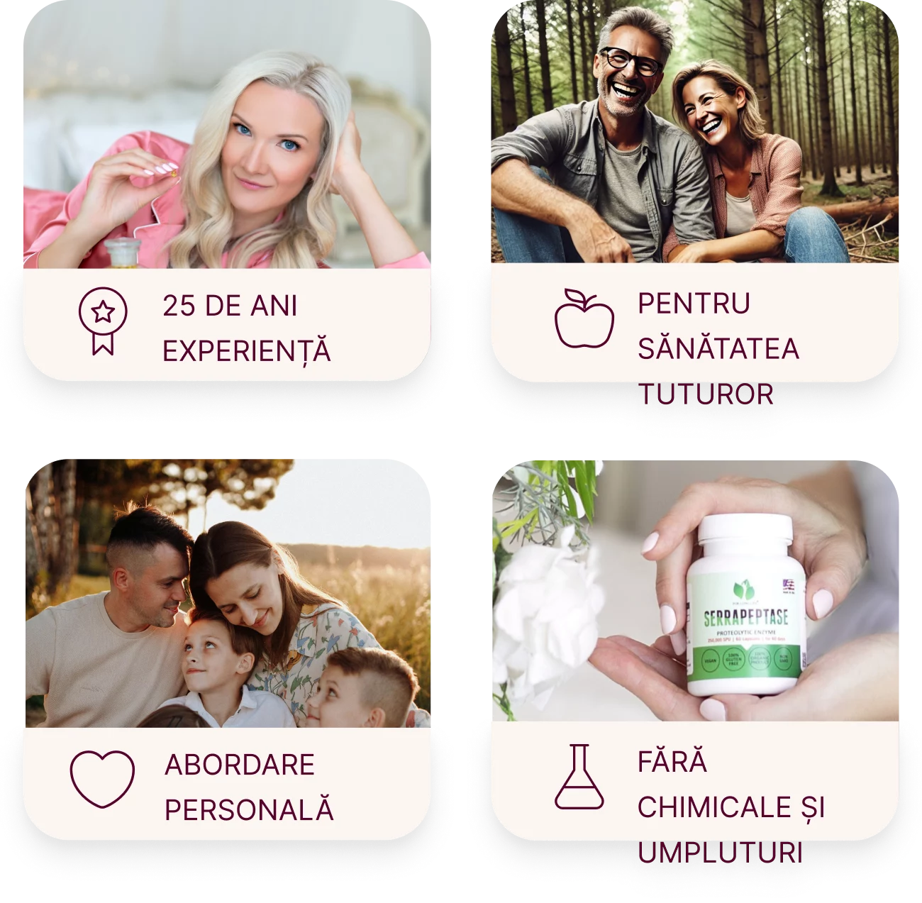 Un colaj care promovează sănătatea: 25 de ani de experiență, pentru sănătatea tuturor, o abordare personală, fără substanțe chimice sau materiale de umplutură.