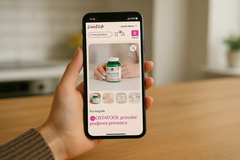 ženská ruka drzí telefon a vybíra si produkt