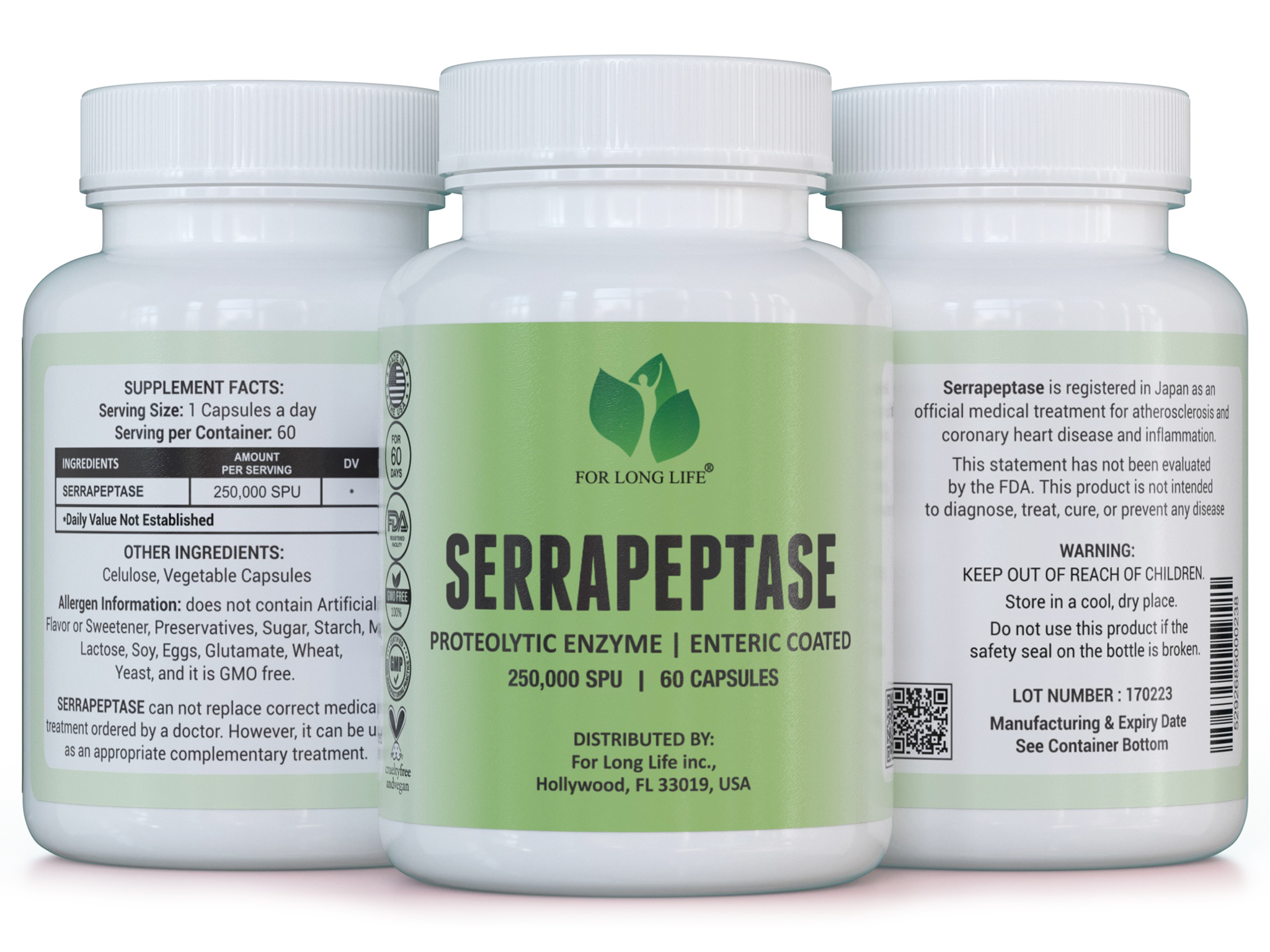 SERRAPEPTASE 250000 SPU (in 1 capsule) high efficiency without fillers 60 capsules 60 days 3 Set_of_3x_Serrapeptase_250000 SPU_ proteolytic_enzyme_ white_dose_on_white_background_for_long_life_linie4life