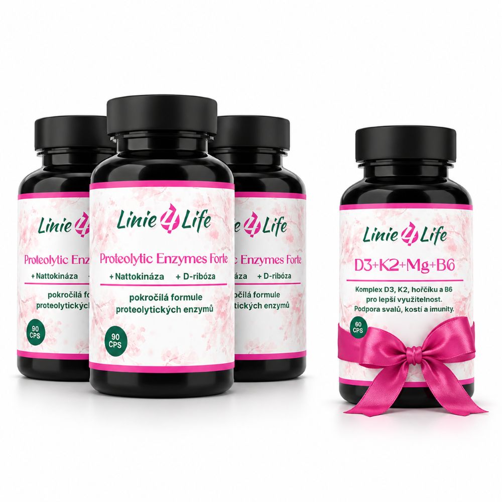 Balíček 3x PROTEOLYTIC ENZYMES FORTE - nattokináza + D-ribosa celkem 270 kapslí 90 dní + bonus D3+K2+Mg+B6 zdarma 2 Balíček 3x proteolytické enzymy a vitamínový komplex s hořčíkem jako bonus